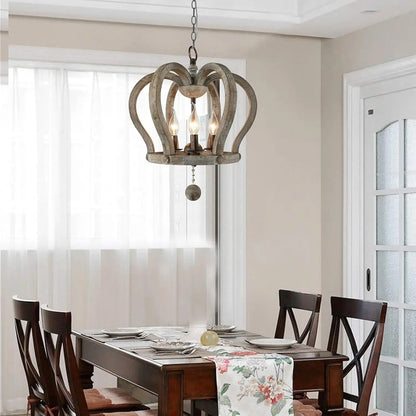 Crown Chandelier,3-Light Wood Chandelier Light Fixture Modern,Wooden Chandeliers for Living Room,Farmhouse Dining Room Light Fixtures over Table,Antique and Rusty Gold Finish