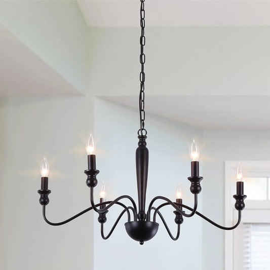 Black Metal Farmhouse Chandelier 6 Lights Classic Rustic Industrial Ceiling Pendant Light Fixture Traditional Candlestick Style Iron Hanging Light for Dining Table Living Room Foyer Office