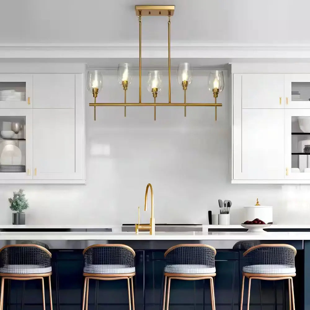 5-Light Transitional Kitchen Island Chandelier Plating Brass Linear Chandelier with Textured Clear Glass Shades