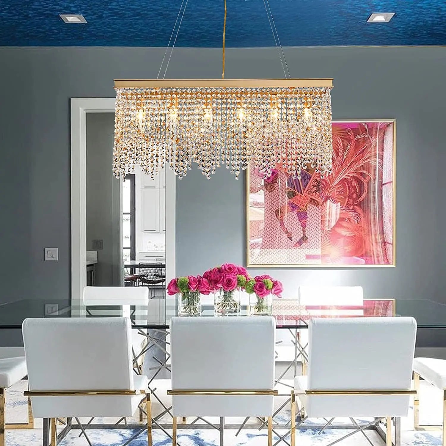 Gold Chandeliers Luxury Modern Crystal Chandelier Light Fixtures for Dining Room Kitchen Island Living Room L30 6-Lights UL Listed