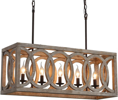 Farmhouse Wooden Chandeliers for Dining Rooms 5-Light Rustic Kitchen Island Chandeliers, Wood Rectangular Chandeliers 30" Length, Dining Room Light Fixture, Country Chic Ceiling Pendant Lighting