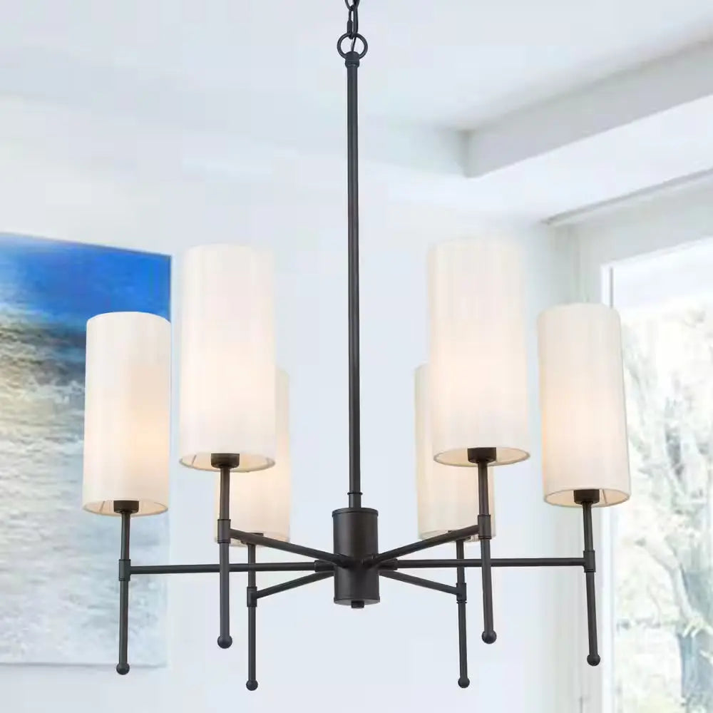 Black Chandelier Modern Island 6-Light Drum Cylinder Fabric Shade Kitchen Dining Room Pendant Chandelier