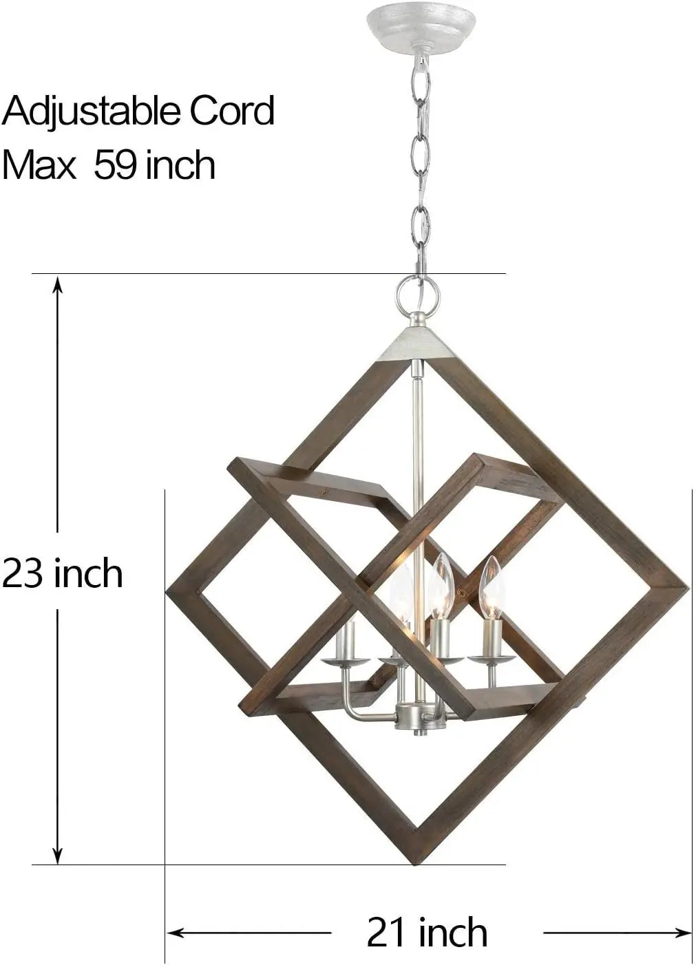 2024 Upgraded Farmhouse Wood Brushed Nickel Geometric Chandeliers for Dining Room, 4-Light Rustic Entryway Foyer Light Fixture Vintage Pendant Lighting for Kitchen Island Living Room Bedroom