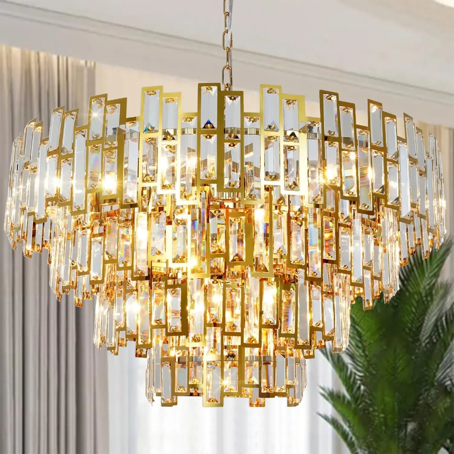 Gold Crystal Chandelier Lighting Foyer Hall Entry Way Chandeliers Light Fixture for High Ceiling Sloped Pendant Hanging French Empire Style round Large