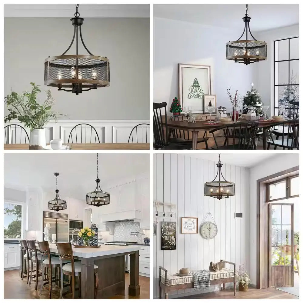 Black Drum Chandelier 4-Light Candlestick Dark Brown Farmhouse round Pendant with Open Cage Frame and Wood Accent