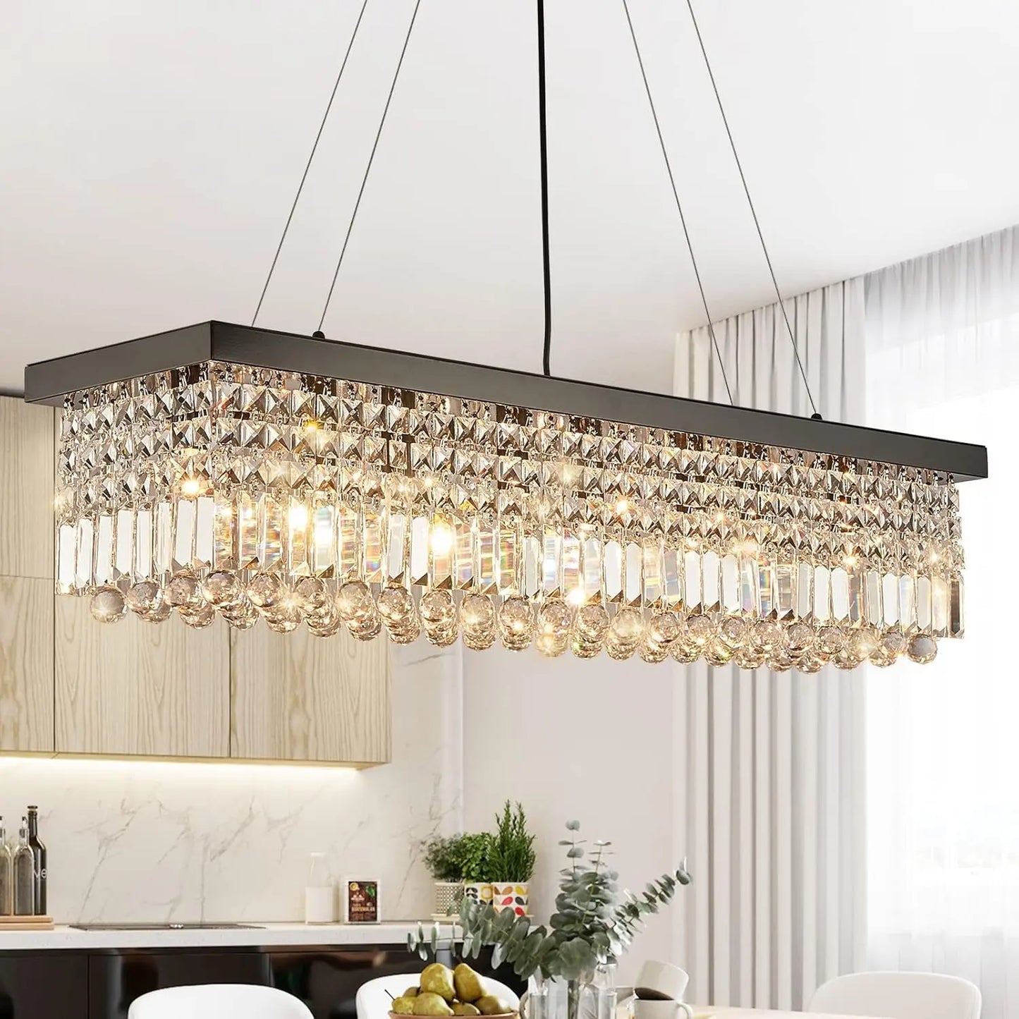 Rectangle K9 Crystal Chandelier Modern Rectangular Pendant Lighting Fixture for Dining Room Kitchen Island Bedroom Black L40 X W10 X H10