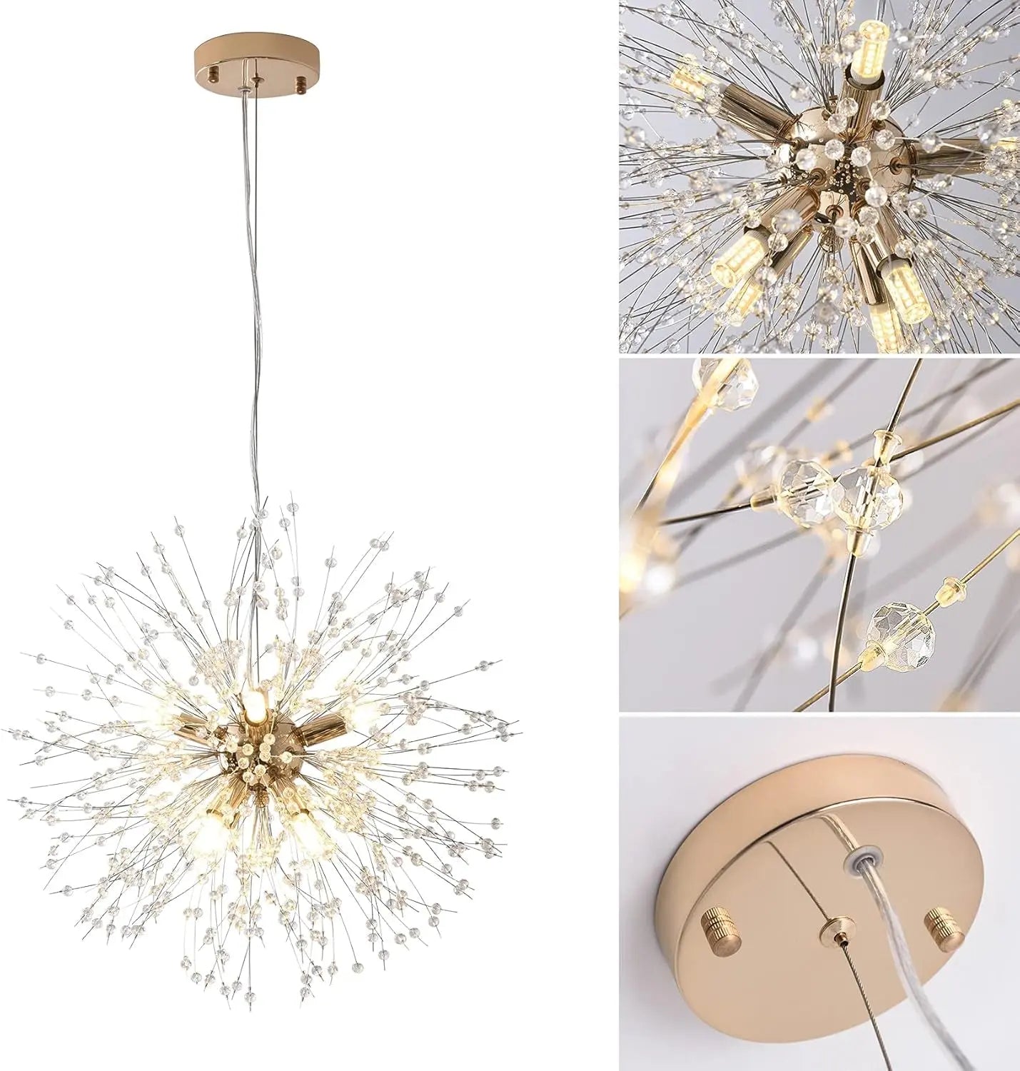 Modern Dandelion Chandelier for Bedroom, Golden Crystal Pendant Light for Bedroom, 8-Lights Sputnik Firework Chandelier for Bedroom, Living Room, Foyer, Hallway, Girls Room, Dia 19.68 Inch