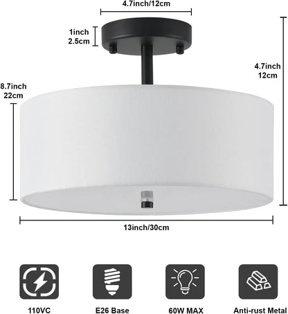 13" Semi Flush Mount Ceiling Light Fixture, 3-Light Black Drum Flush Mount Light Fixtures with White Fabric Shade, Modern Close to Ceiling Lights for Living Room Bedroom Hallway Entryway Foyer