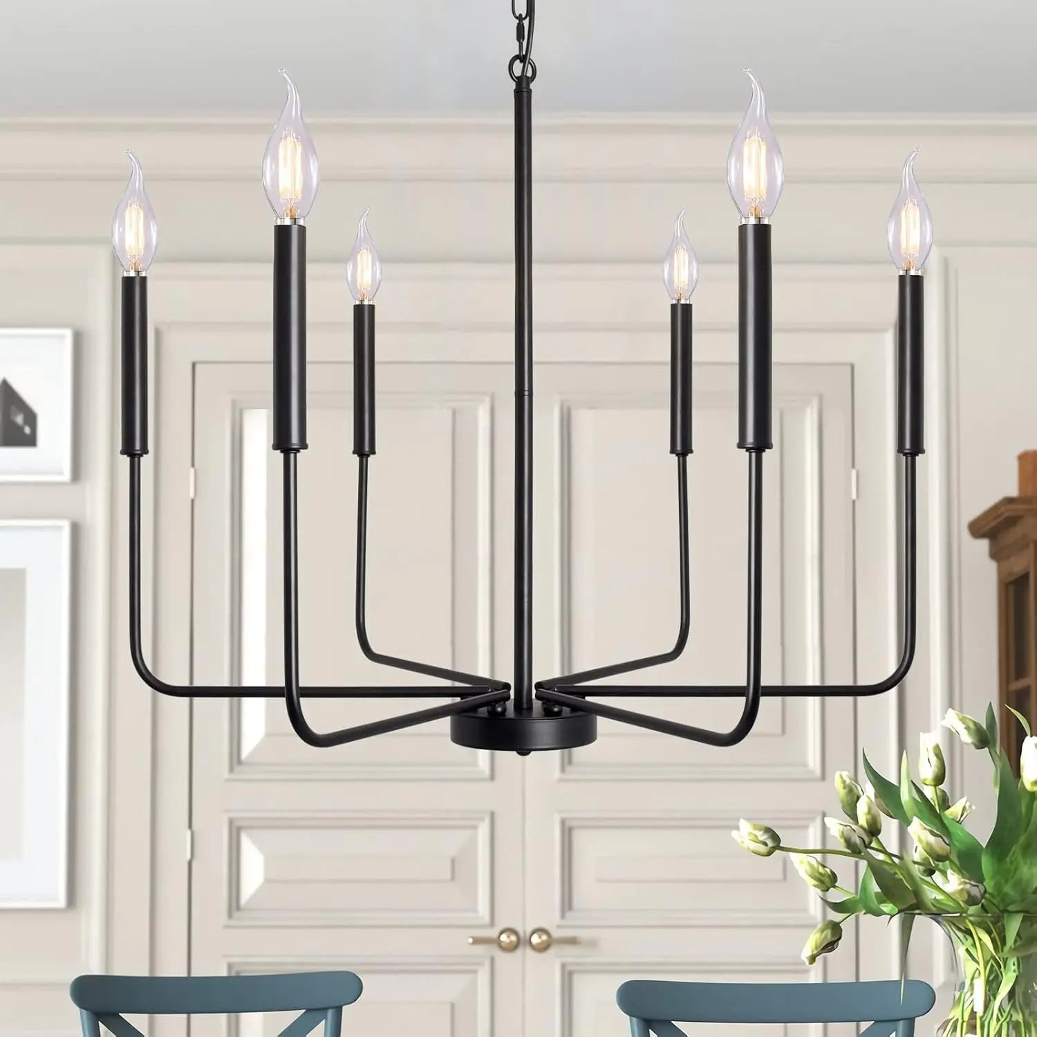 Black Chandeliers for Dining Room 26.1'' Farmhouse 6 Light Rustic Hanging Light Fixture for Living Room Kitchen Island Foyer Entryway Modern Pendant Lighting