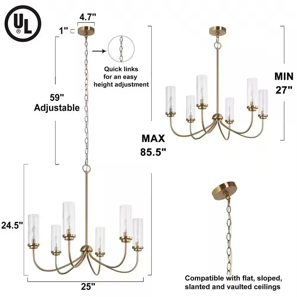 Plated Brass Linear Candlestick Island Chandelier 6-Light Pendant Light with Seeded Glass Shades for Bedroom Dining Room