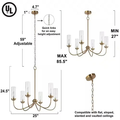 Plated Brass Linear Candlestick Island Chandelier 6-Light Pendant Light with Seeded Glass Shades for Bedroom Dining Room