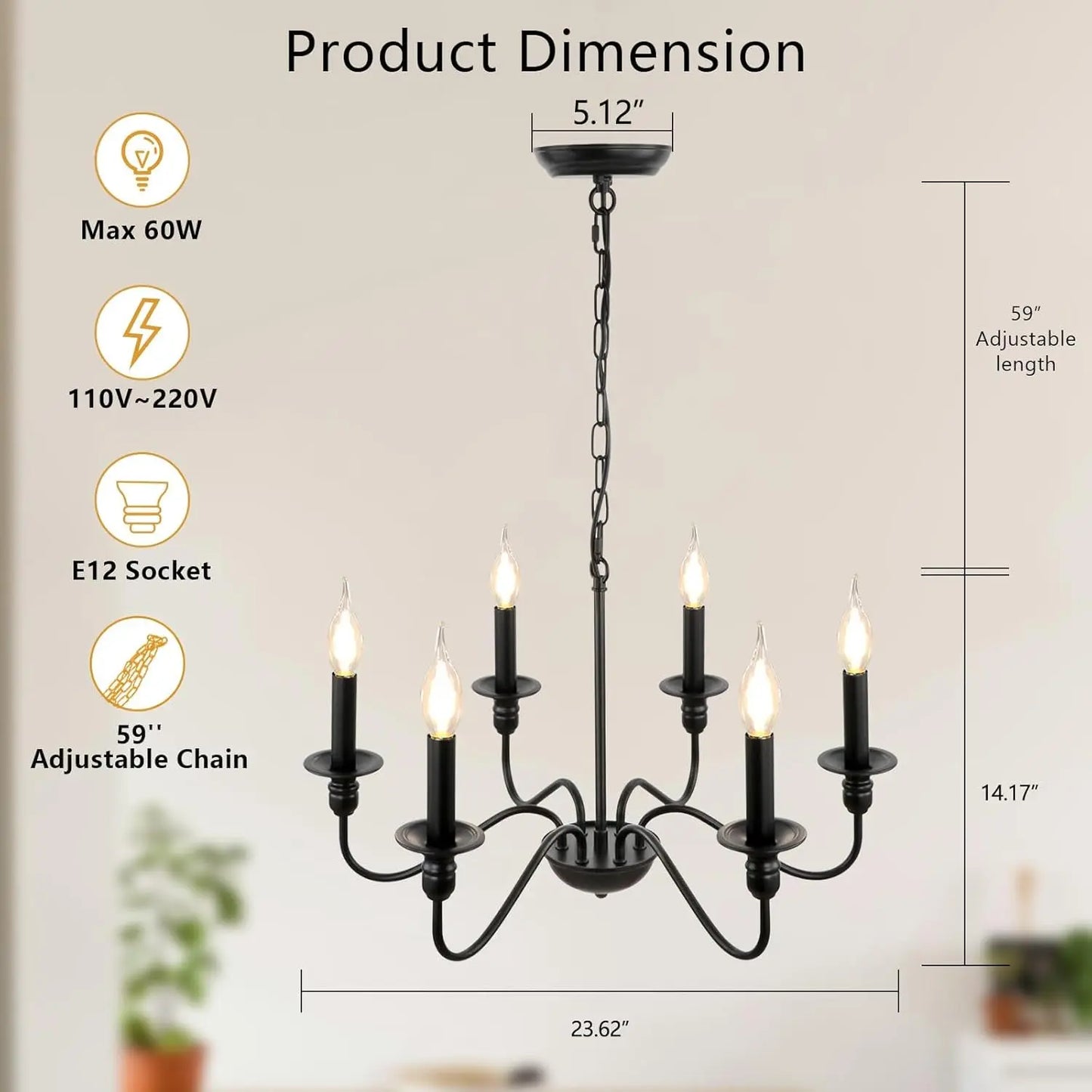 Black Chandelier Light Fixture, 6 Lights Farmhouse Chandelier for Bedroom, Rustic Modern Chandeliers for Dining Room, Height Adjustable Industrial Metal Small Pendant Lights Kitchen Island