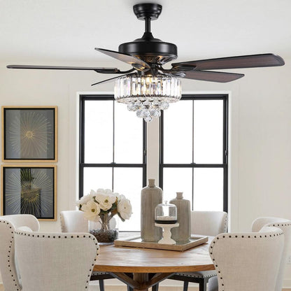 5 - Blade Black Clear Crystal Ceiling Fan with Remote Control for Living Room