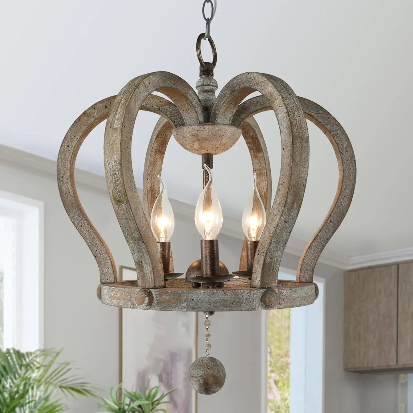 Crown Chandelier,3-Light Wood Chandelier Light Fixture Modern,Wooden Chandeliers for Living Room,Farmhouse Dining Room Light Fixtures over Table,Antique and Rusty Gold Finish