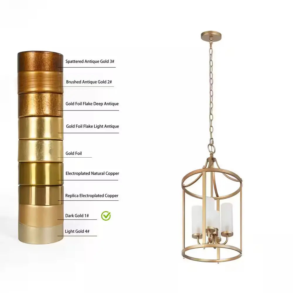 Modern Gold Lantern Chandelier, Drum 4-Light Cylinder Caged Pendant Light with Frosted Glass Shades for Kitchen Bedroom