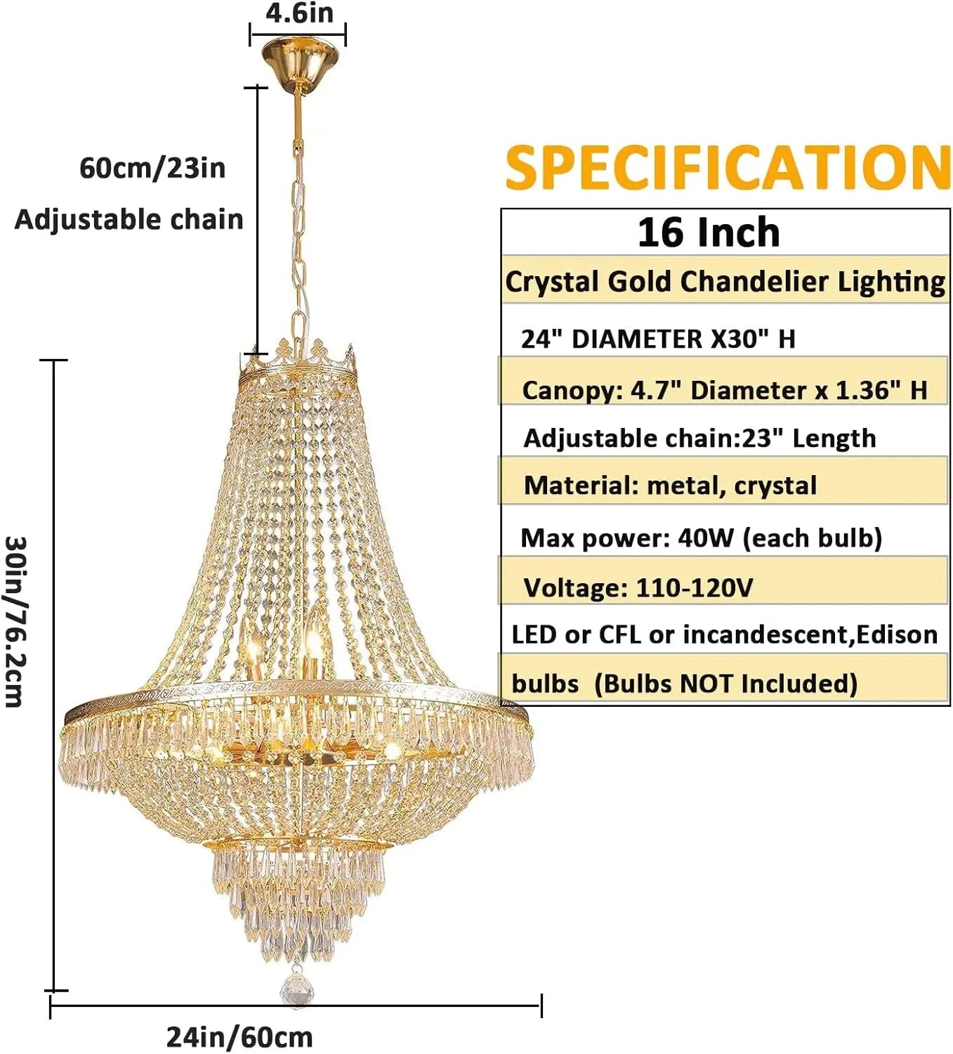 110V French Empire Crystal Gold Chandelier Lighting, Hanging Crystal Chandelier for the Dining Room, Foyer, Entry Way and Living Room (Gold)