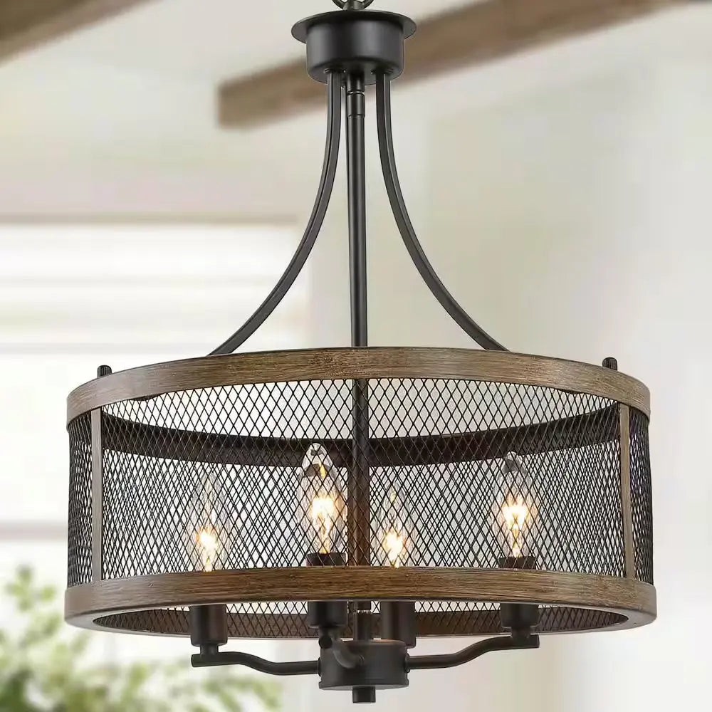 Black Drum Chandelier 4-Light Candlestick Dark Brown Farmhouse round Pendant with Open Cage Frame and Wood Accent