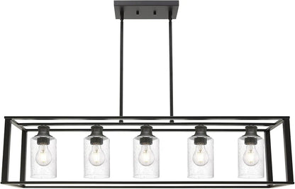 5-Light Kitchen Island Pendant Lighting, Industrial Farmhouse Chandeliers Black Dining Room Lighting Fixtures Ceiling for Living Room, Bedroom, Bar, Restaurant with Clear Seedy Glass Shades