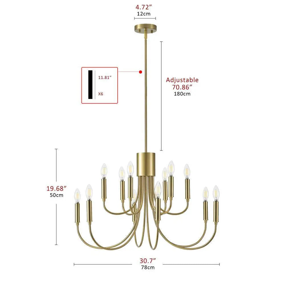 30.7 In. 12-Light Farmhouse Gold Chandelier Rustic Candle Hanging Light Fixture