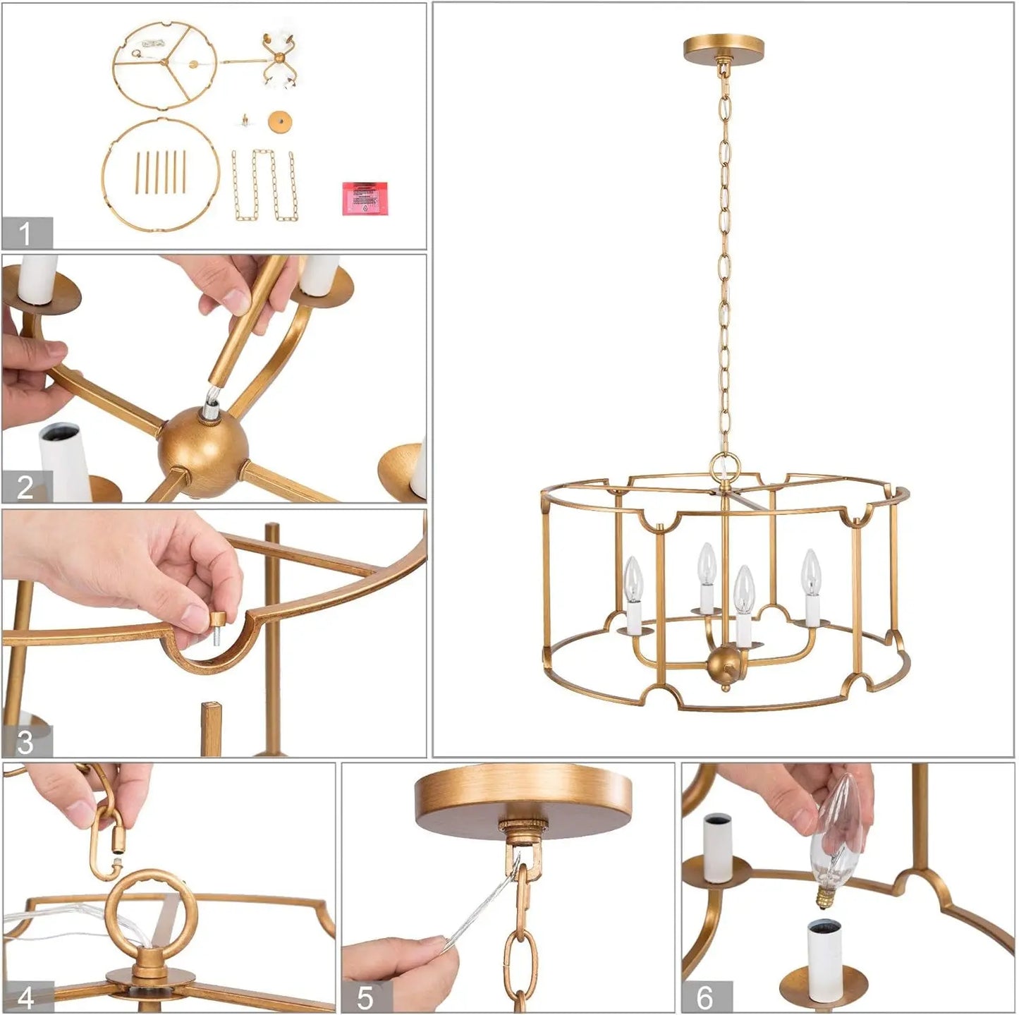 Modern Gold Chandelier, 22’’ Large Drum Chandeliers for Dining Rooms, 4-Light round Drum Pendant Lighting for Kitchen Island, Foyer & Living Room, Antique Gold Finish