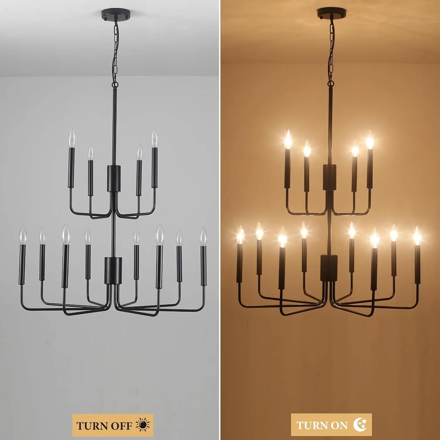 Black Chandeliers Modern Two Tier Chandelier for Dining Room 12 Light Industrial Metal Pendant Light Fixture for Foyer Entryway Living Room Kitchen Island Bedroom