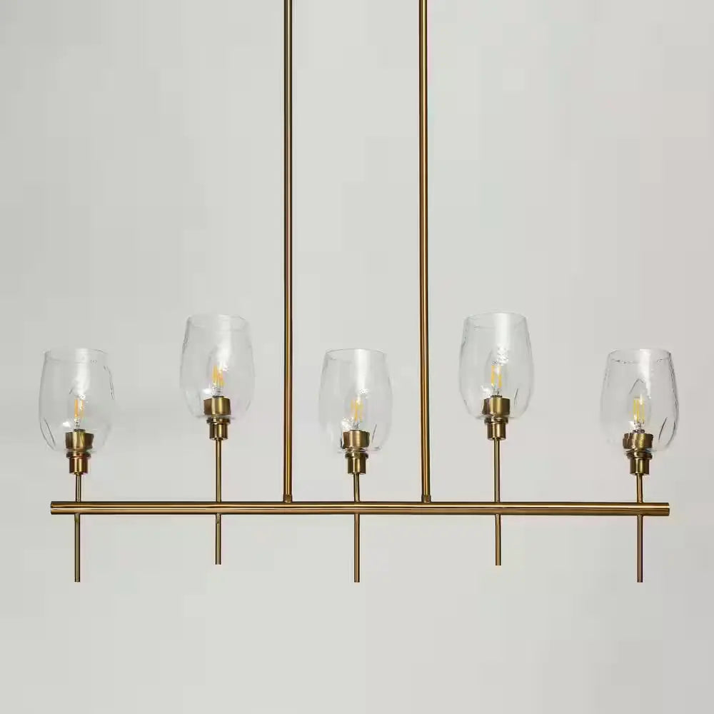 5-Light Transitional Kitchen Island Chandelier Plating Brass Linear Chandelier with Textured Clear Glass Shades