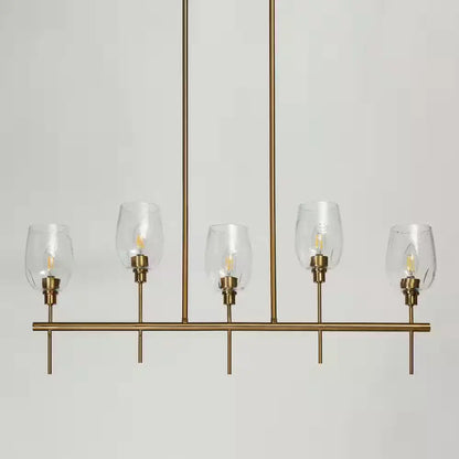 5-Light Transitional Kitchen Island Chandelier Plating Brass Linear Chandelier with Textured Clear Glass Shades