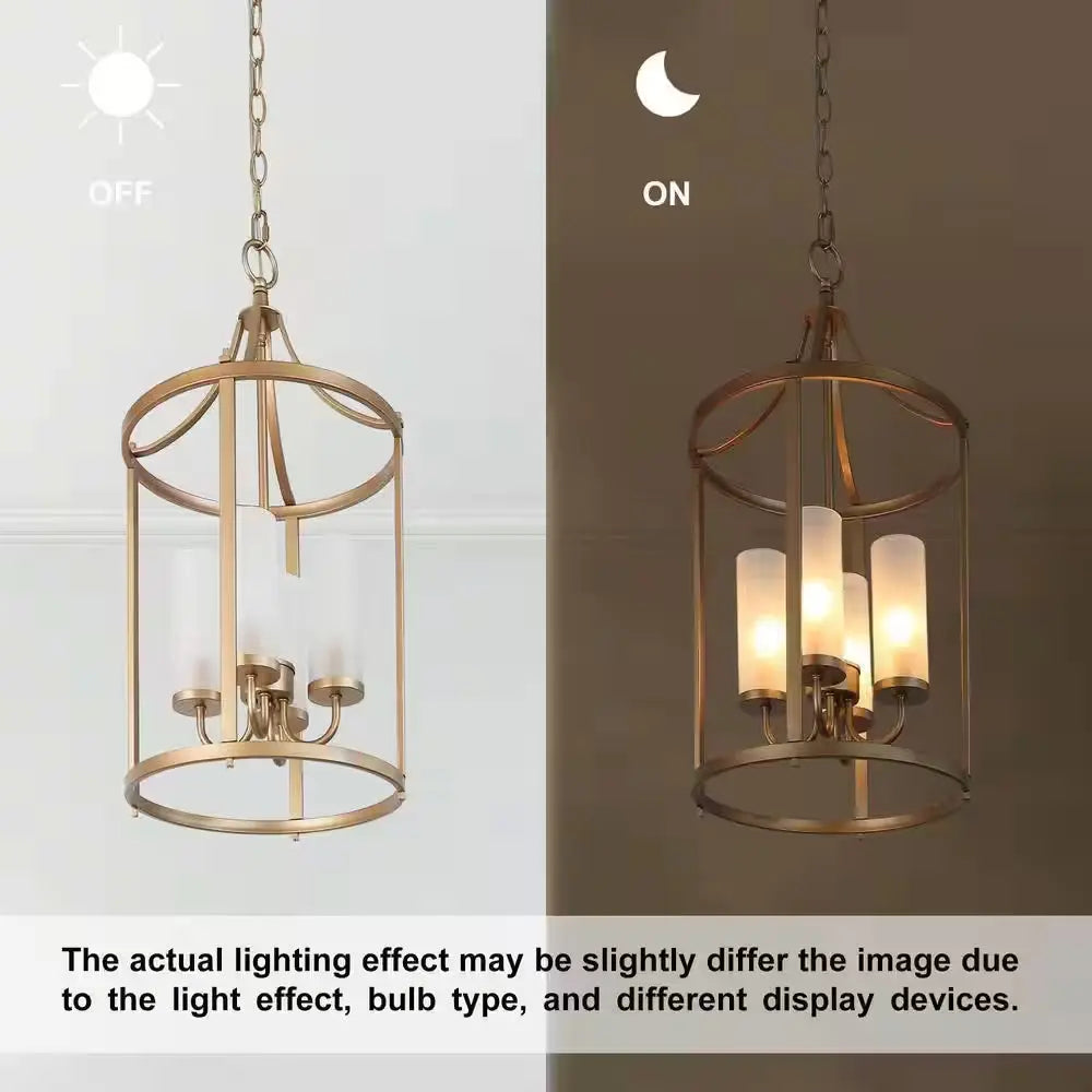 Modern Gold Lantern Chandelier, Drum 4-Light Cylinder Caged Pendant Light with Frosted Glass Shades for Kitchen Bedroom