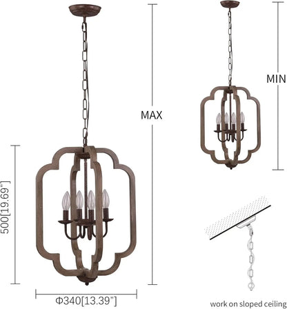 4-Lights Retro Farmhouse Chandeliers Mini Modern Pendant Lighting Wood Grain Hanging Lights Imitation Rust Metal Flush Mount Ceiling Light Fixtures