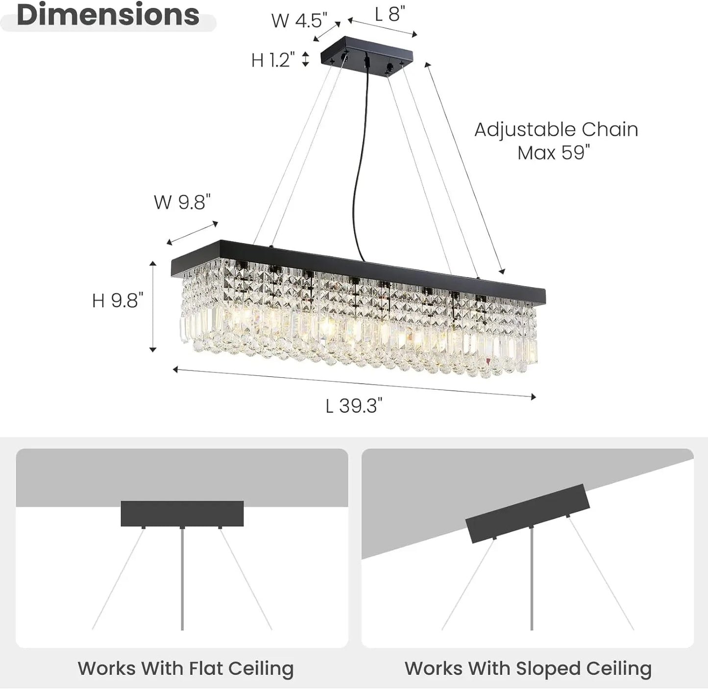 Rectangle K9 Crystal Chandelier Modern Rectangular Pendant Lighting Fixture for Dining Room Kitchen Island Bedroom Black L40 X W10 X H10