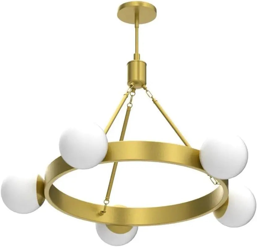 Caserti 5 Light Gold Chandelier Light Fixture Mid Century Modern Globe round Chandeliers for Dining Room over Table Living Room Foyer Wagon Wheel Chandelier, Frosted Glass UL Listed