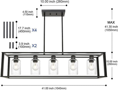 5-Light Kitchen Island Pendant Lighting, Industrial Farmhouse Chandeliers Black Dining Room Lighting Fixtures Ceiling for Living Room, Bedroom, Bar, Restaurant with Clear Seedy Glass Shades