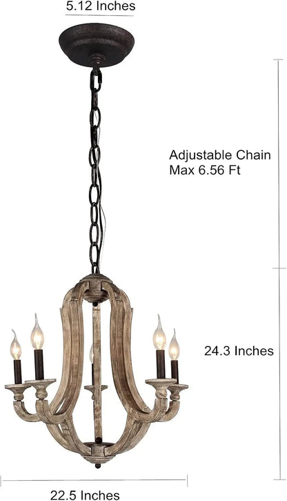 Farmhouse 5-Light Wood Chandelier, Rustic Wooden Empire Chandeliers, Height Adjustable Retro Ceiling Pendant Light for Dining Room, Kitchen, Living Room, Bedroom