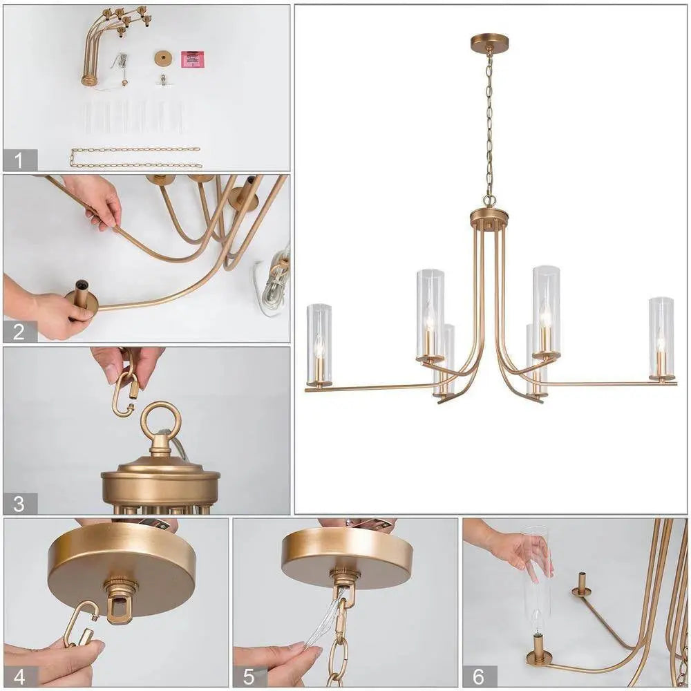 Modern Gold Chandelier 6-Light Contemporary Candlestick High Ceiling Light with Cylinder Clear Glass Shades