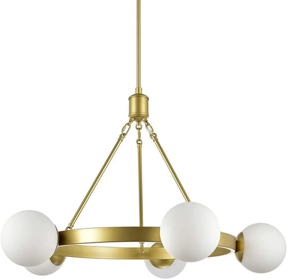 Caserti 5 Light Gold Chandelier Light Fixture Mid Century Modern Globe round Chandeliers for Dining Room over Table Living Room Foyer Wagon Wheel Chandelier, Frosted Glass UL Listed