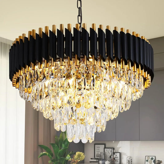 Modern Crystal Chandelier Dining Room Gold Black Crystal Chandeliers 5-Tier Large K9 Crystal Chandelier round Hanging Crystal Pendant Light Fixture for Foyer Bedroom Farmhouse W24 12 Lights