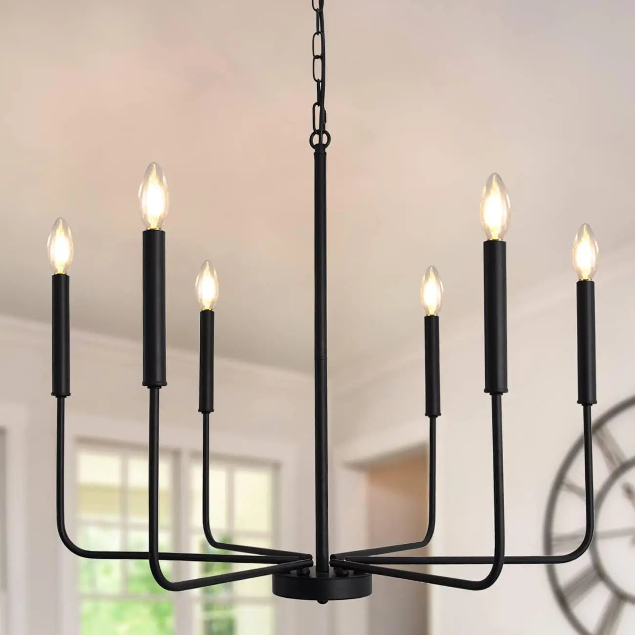 Black Farmhosue Chandeliers for Dining Room Light Fixture Ceiling Hanging, 26" 6 Lights Modern Candle Linear Traditional Metal Chandeliers for Dining Room Bedroom Living Room Foyer Kitchen