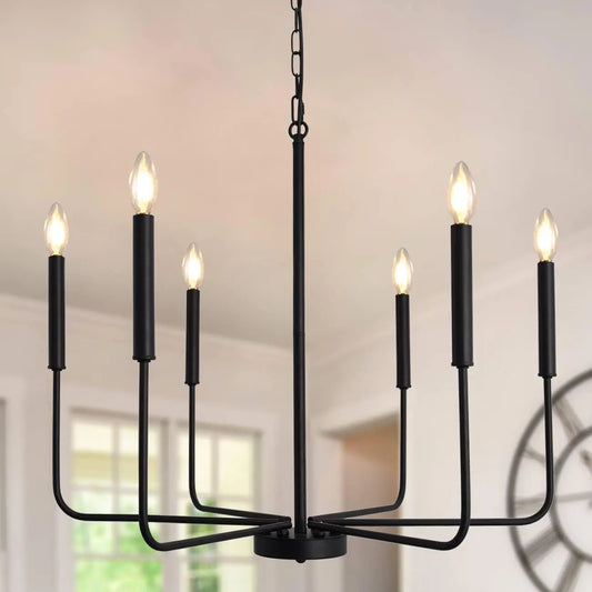 Black Farmhosue Chandeliers for Dining Room Light Fixture Ceiling Hanging, 26" 6 Lights Modern Candle Linear Traditional Metal Chandeliers for Dining Room Bedroom Living Room Foyer Kitchen