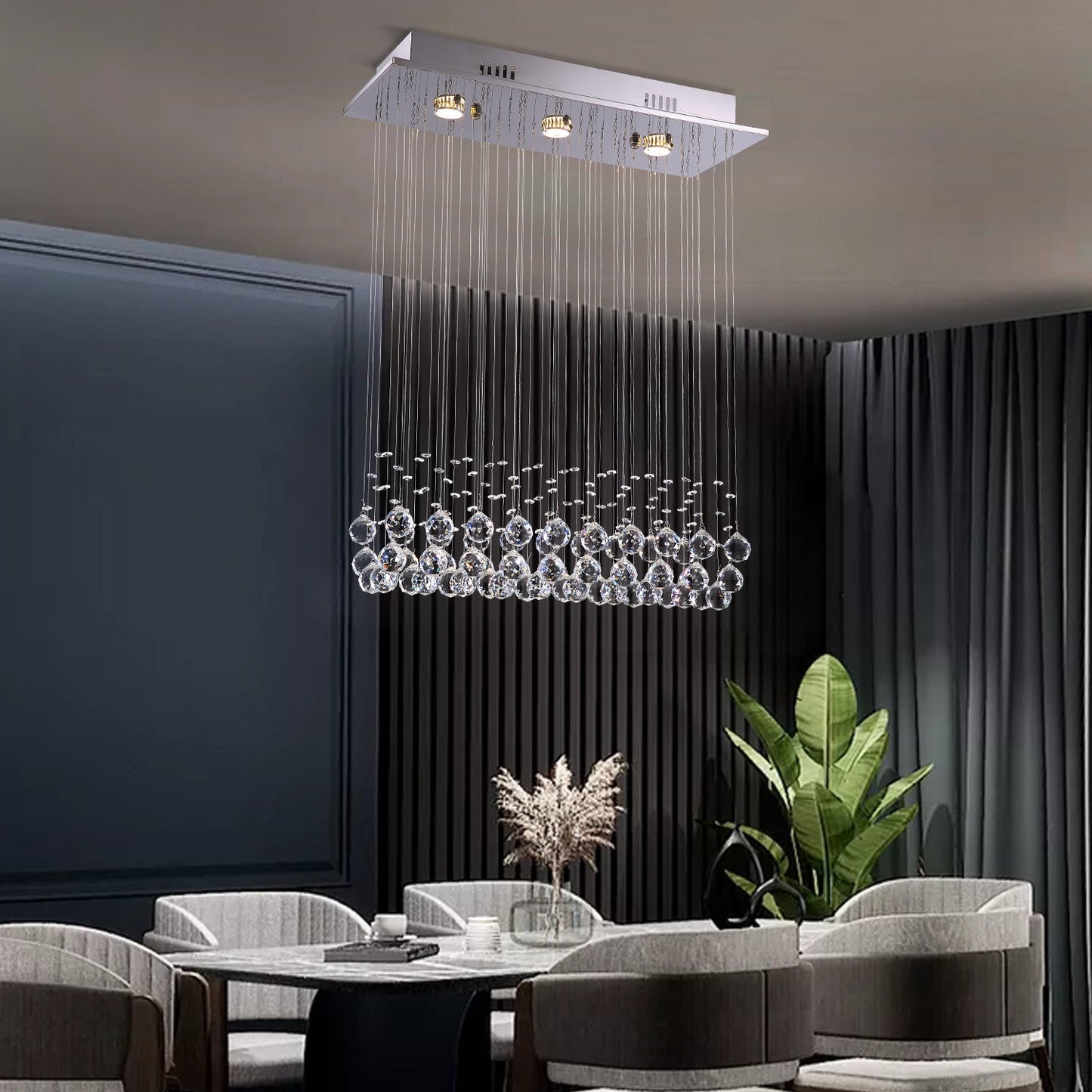 Modern Rectangular Crystal Chandelier with Balls For Dining Room