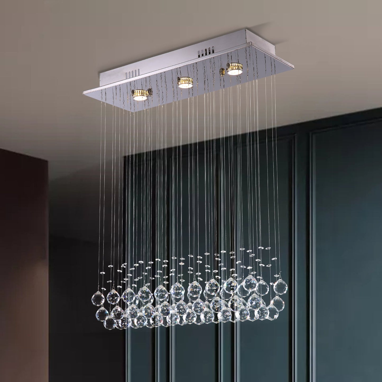 Modern Rectangular Crystal Chandelier with Balls For Dining Room