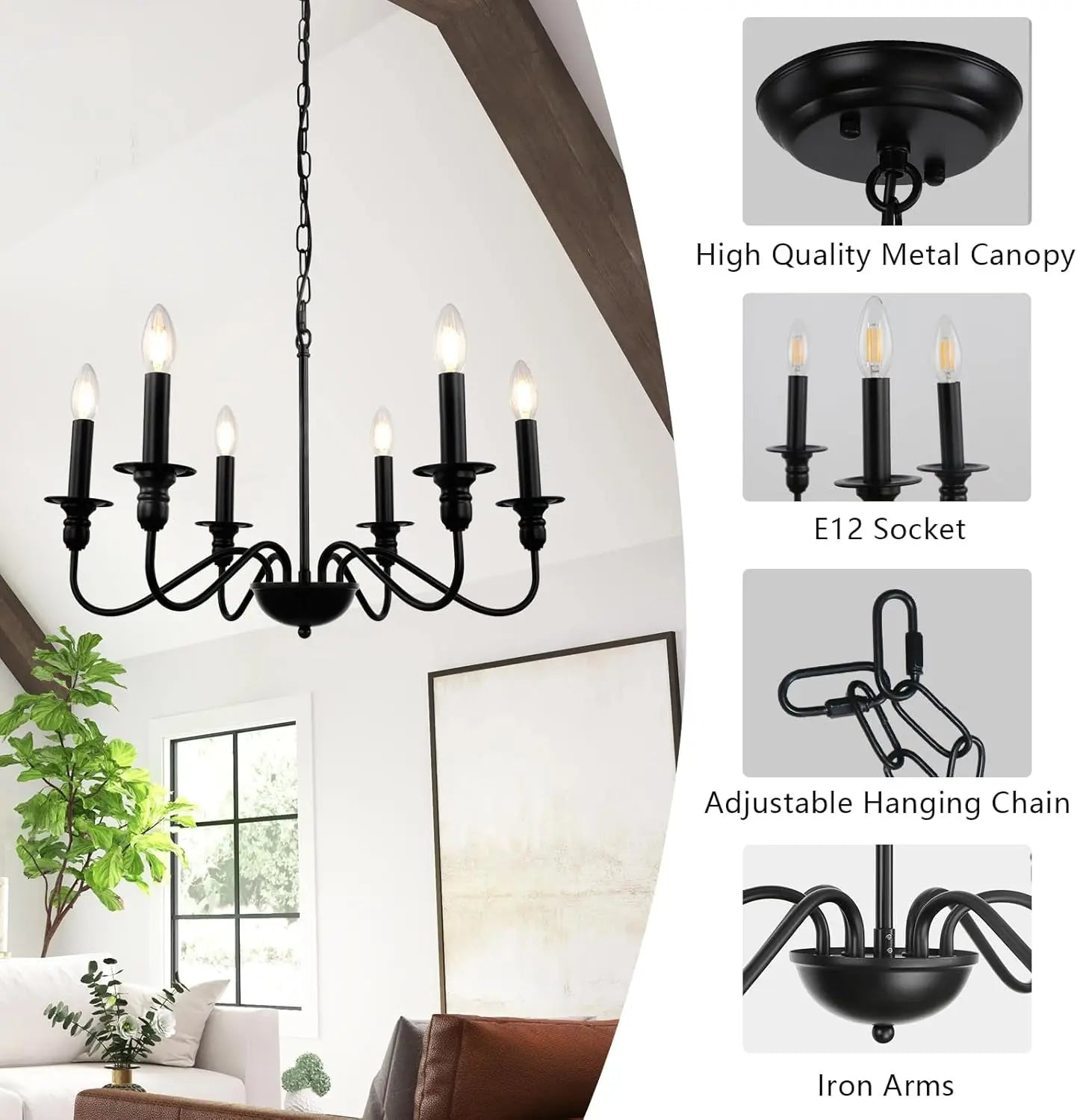 Black Chandelier Light Fixture, 6 Lights Farmhouse Chandelier for Bedroom, Rustic Modern Chandeliers for Dining Room, Height Adjustable Industrial Metal Small Pendant Lights Kitchen Island