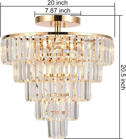 Modern Gold Crystal Chandeliers,5-Tier round Semi Flush Mount Chandelier Light Fixture,Large Contemporary Luxury Ceiling Lighting for Living Room Diningroom Hallway, H20.5'' X D20''