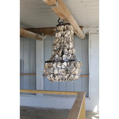 Metal and Draped Oyster Shell Chandelier, Black and Natural