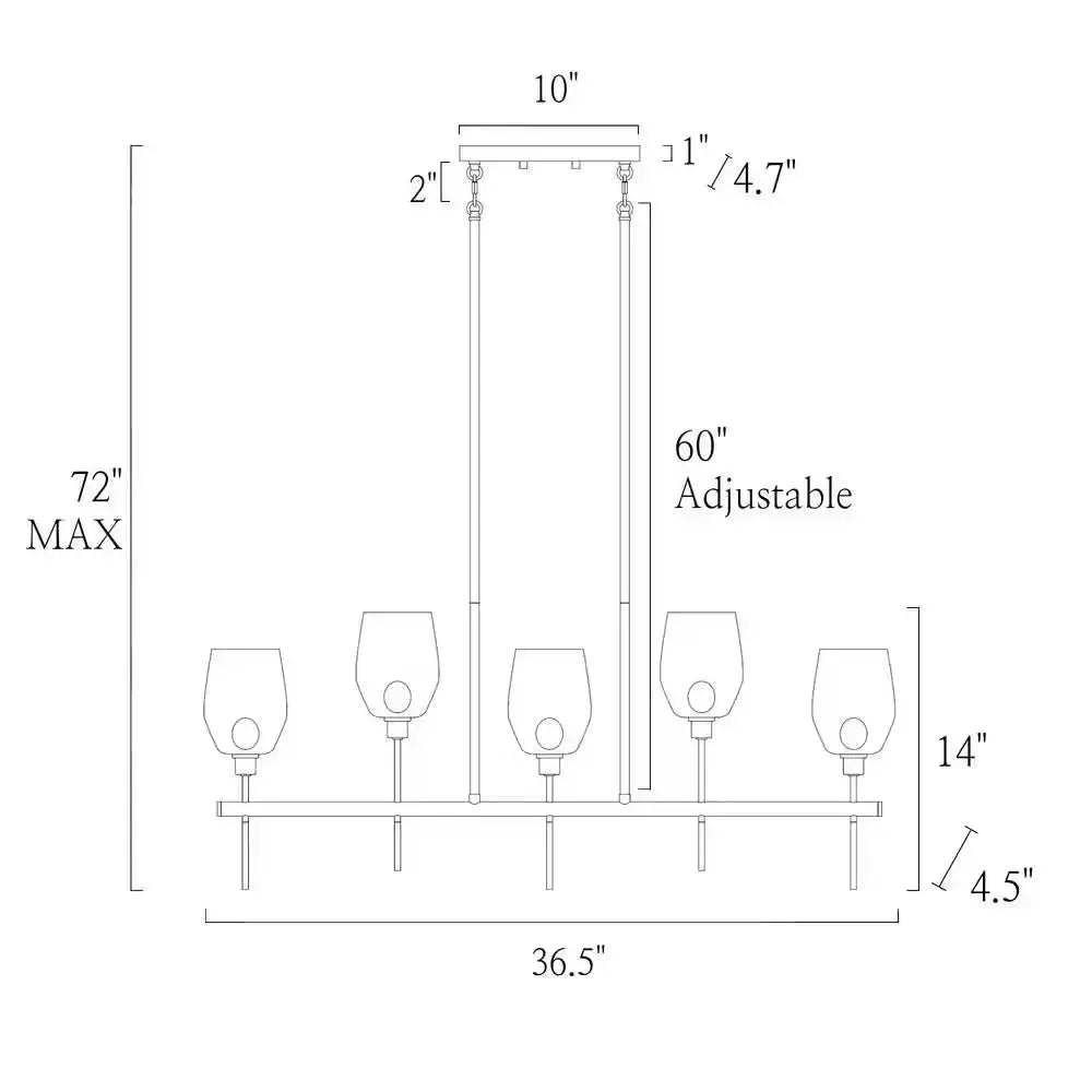 5-Light Transitional Kitchen Island Chandelier Plating Brass Linear Chandelier with Textured Clear Glass Shades