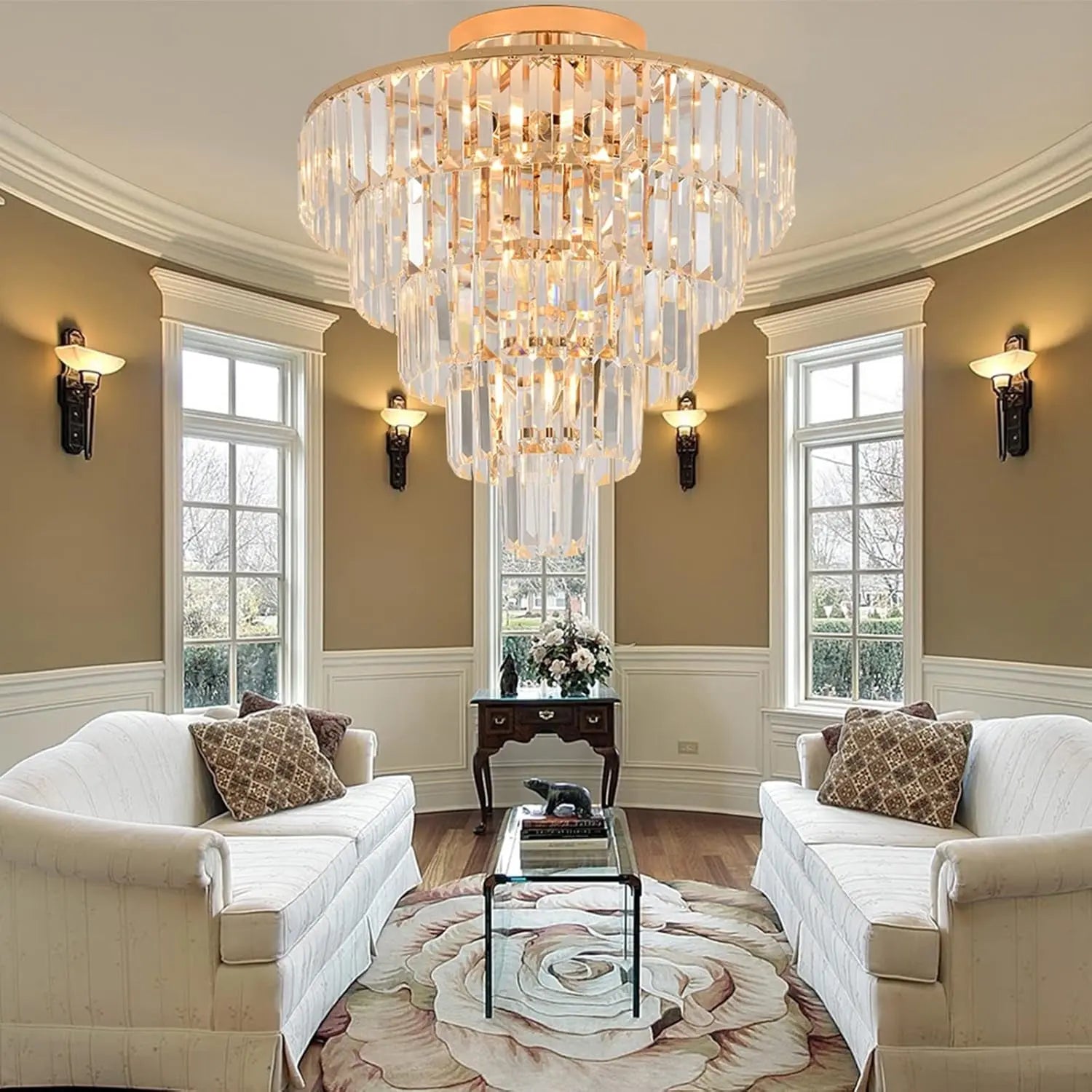 Modern Gold Crystal Chandeliers,5-Tier round Semi Flush Mount Chandelier Light Fixture,Large Contemporary Luxury Ceiling Lighting for Living Room Diningroom Hallway, H20.5'' X D20''