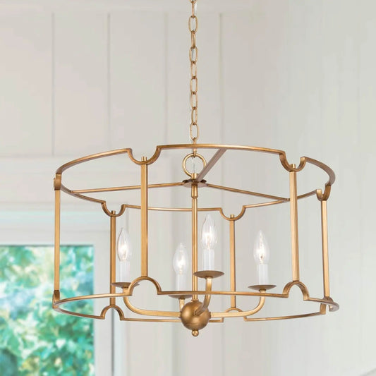 Modern Gold Chandelier, 22’’ Large Drum Chandeliers for Dining Rooms, 4-Light round Drum Pendant Lighting for Kitchen Island, Foyer & Living Room, Antique Gold Finish