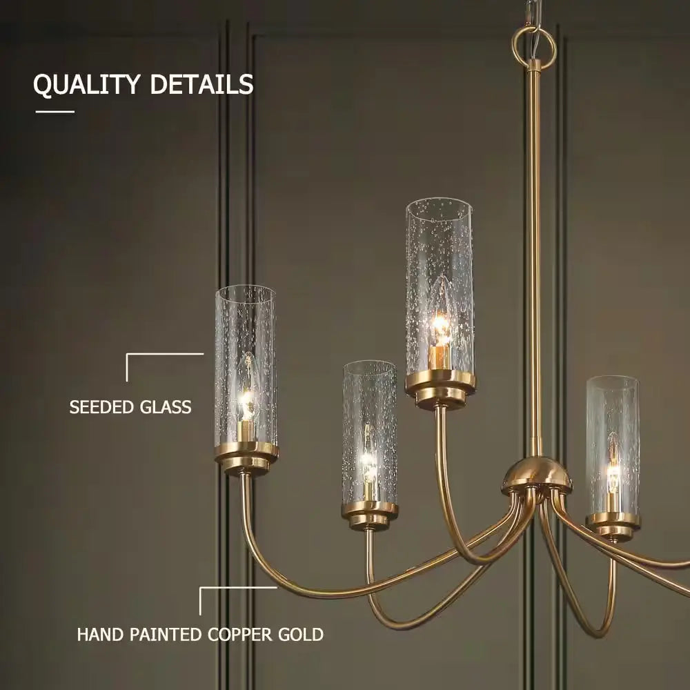 Plated Brass Linear Candlestick Island Chandelier 6-Light Pendant Light with Seeded Glass Shades for Bedroom Dining Room