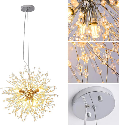 19" Modern Sputnik Crystal Chandelier for Bedroom, 8-Lights Firework Chandelier for Hallway,Chrome Firework Pendant Light for Kids Room, Dining Room,Living Room, Foyer, Entryway