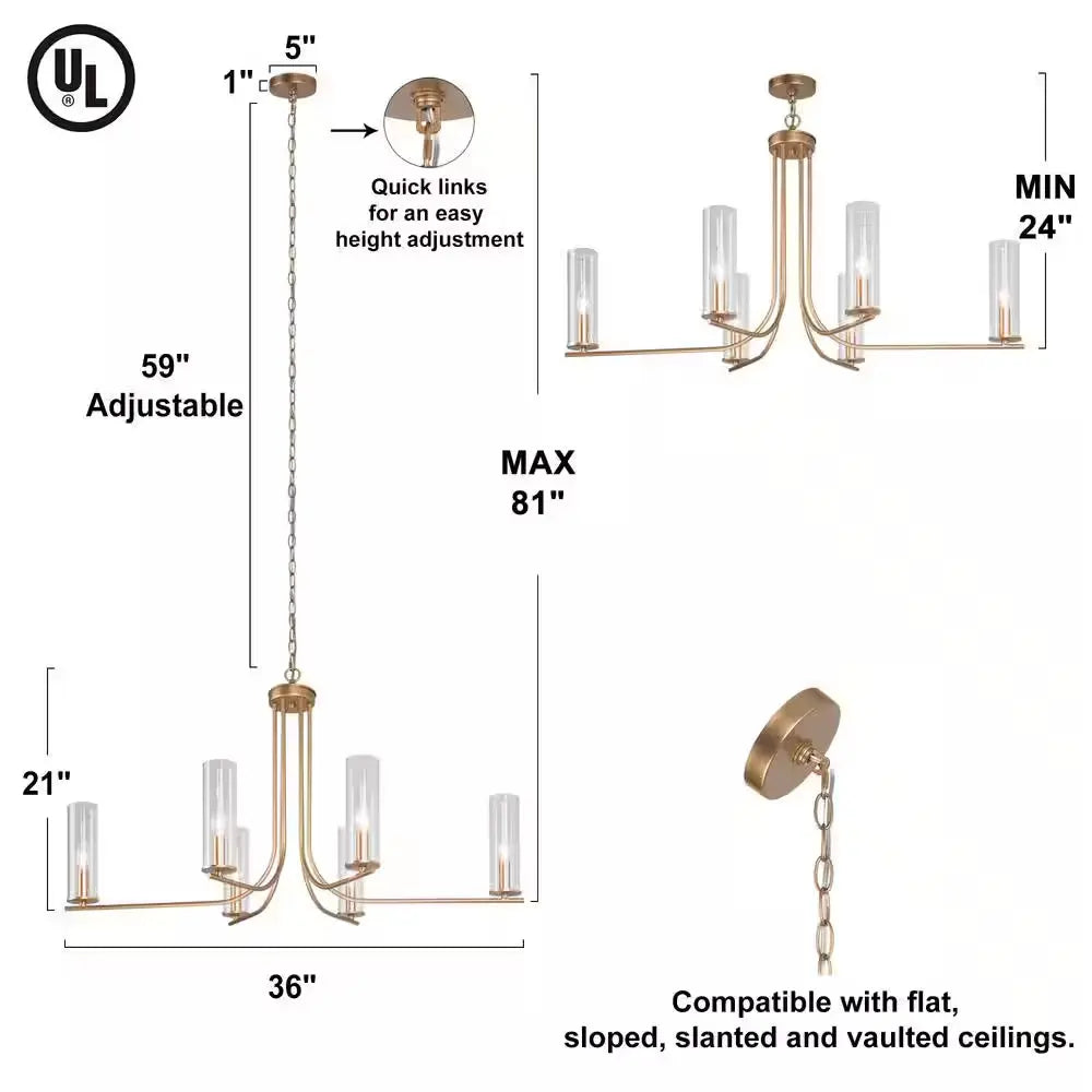 Modern Gold Chandelier 6-Light Contemporary Candlestick High Ceiling Light with Cylinder Clear Glass Shades