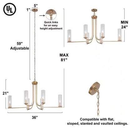 Modern Gold Chandelier 6-Light Contemporary Candlestick High Ceiling Light with Cylinder Clear Glass Shades